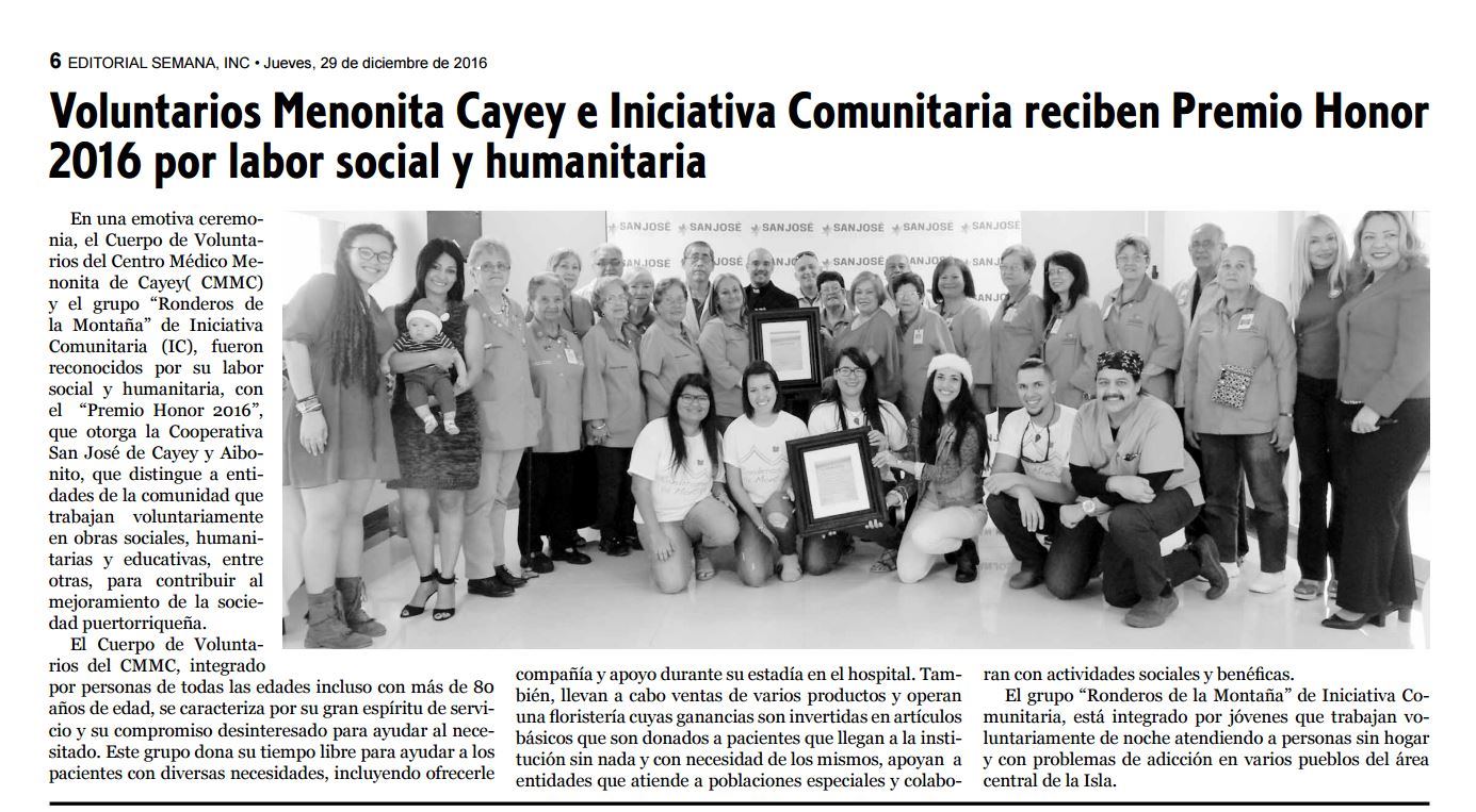 Voluntarios Menonita Cayey e Iniciativa Comunitaria reciben Premio Honor 2016 por labor social y humanitaria